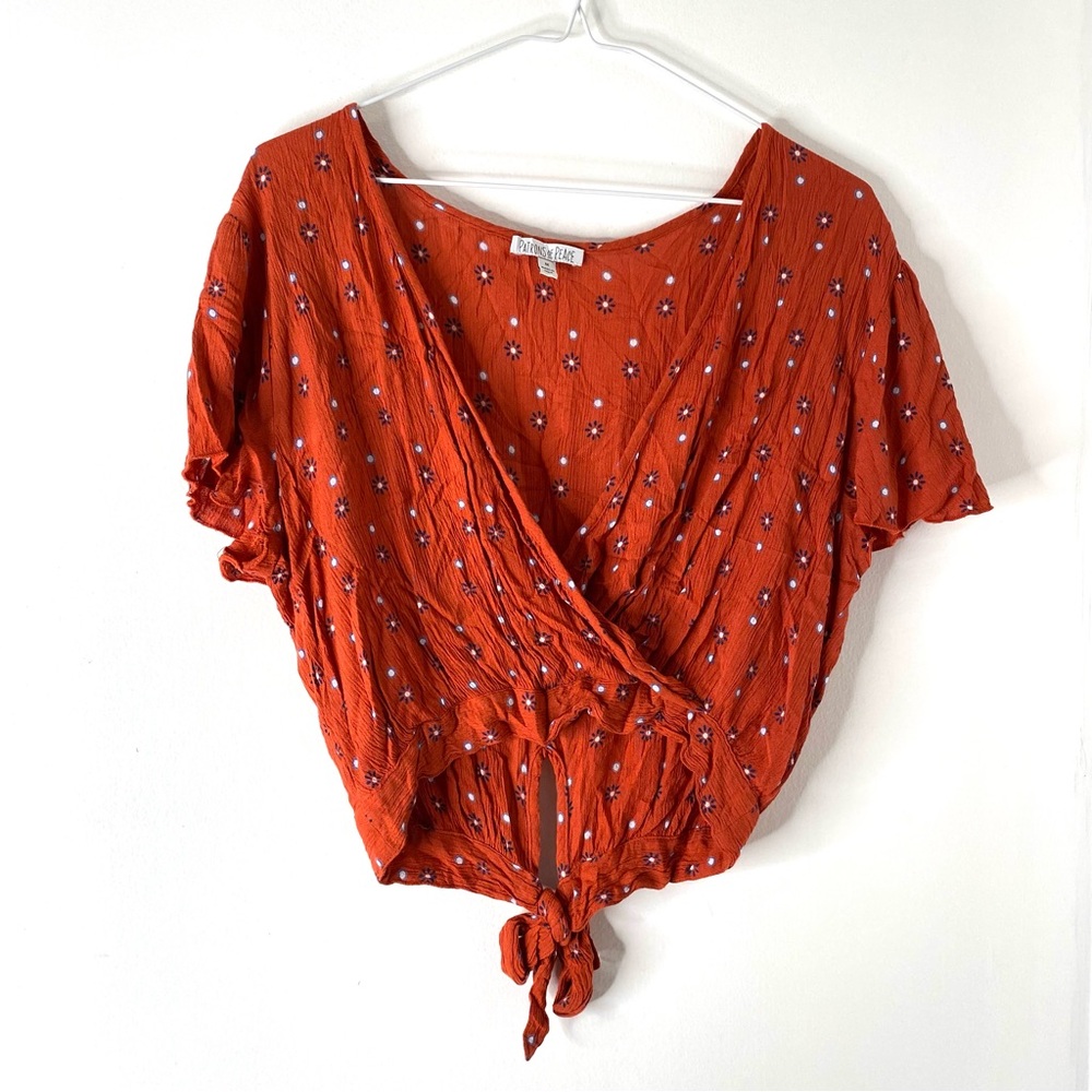 Patrons of Peace Rust Red Floral Tie-Front Crop Top